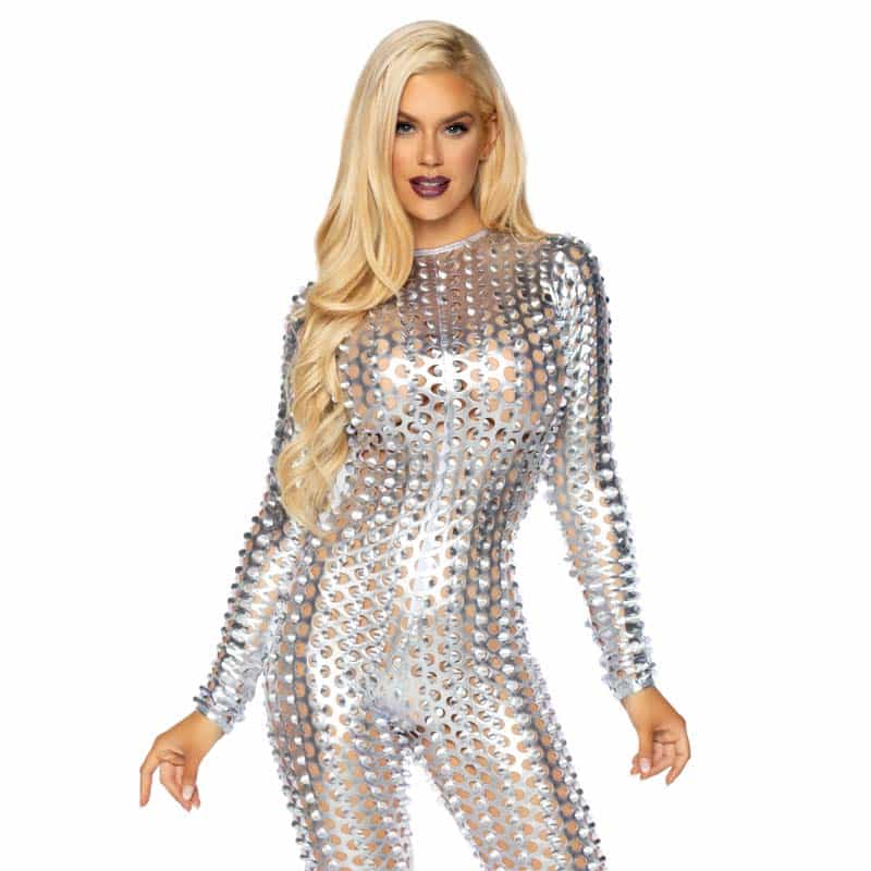 Laser Cut Metallic Catsuit   M fra Leg Avenue